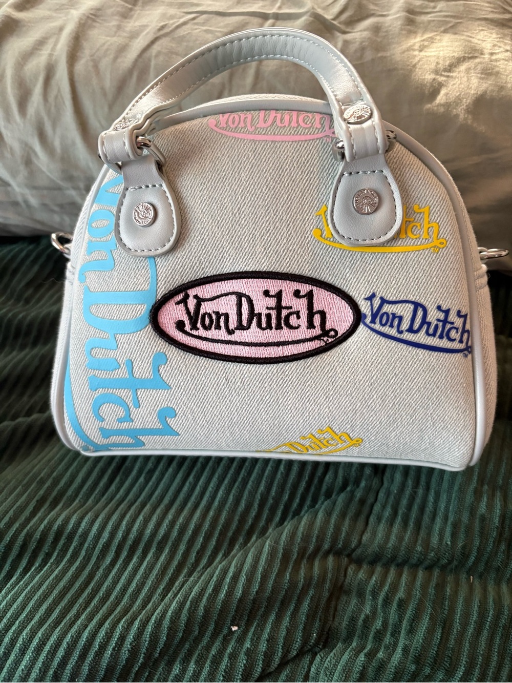Von Dutch Denim Mini Crossbody Satchel with Pink, Blue & Yellow Logo Accents